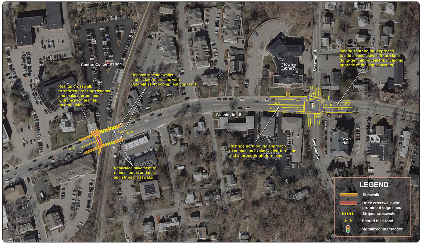 Figure 18: Canton Center Conceptual Plan, Part 1
This figure displays an aerial satellite image with proposed improvements in the northern half of the Canton Center section of the Washington Street corridor. Improvements are shown at the intersection of Washington Street and Sherman Street, as well as at the railroad crossing near Canton Center Station.